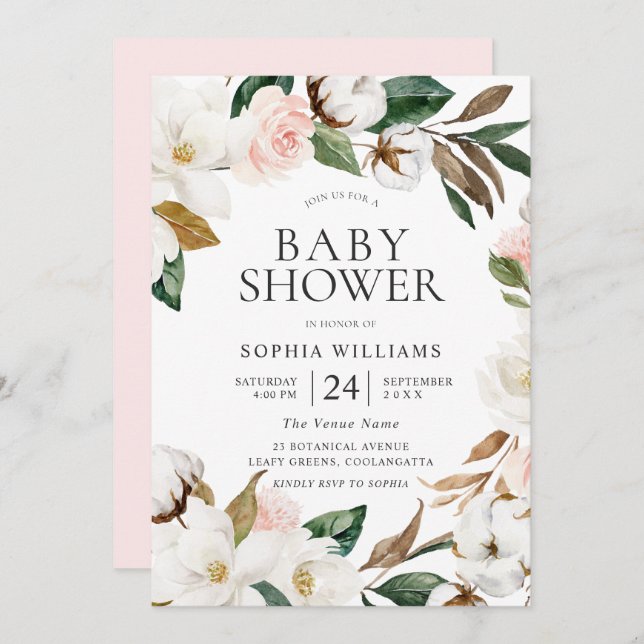 Botanical Blush White Floral Wreath Baby Shower Invitation (Front/Back)