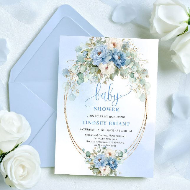 Botanical Boho Blue Flowers Eucalyptus Baby Shower Invitation (Botanical Boho Blue Flowers Eucalyptus Baby Shower)