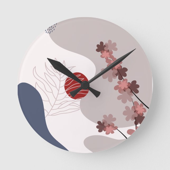 Botanical Boho Blue Magenta Round Clock (Front)