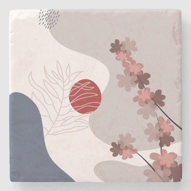 Botanical Boho Blue Magenta Stone Coaster (Front)