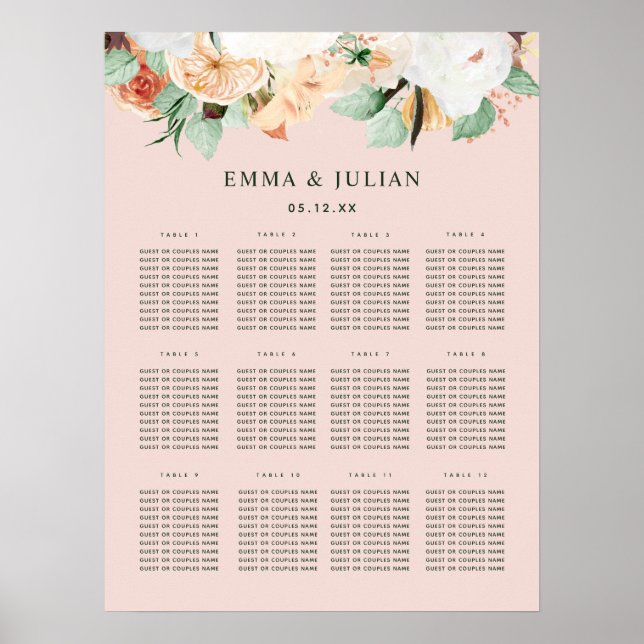 Botanical Boho Blush Pink Wedding Seating Chart  (Front)