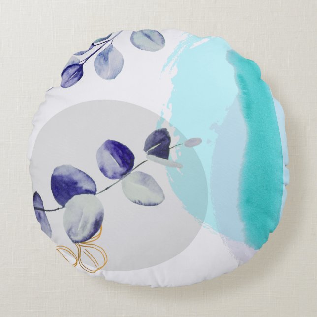 Botanical Boho Cyan Purple Round Cushion (Front)