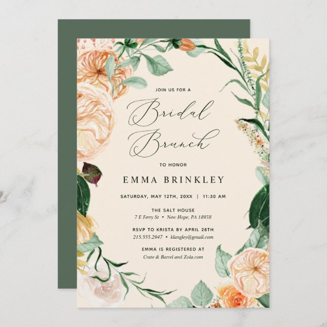 Botanical Boho Floral Neutral Peach Bridal Brunch Invitation (Front/Back)