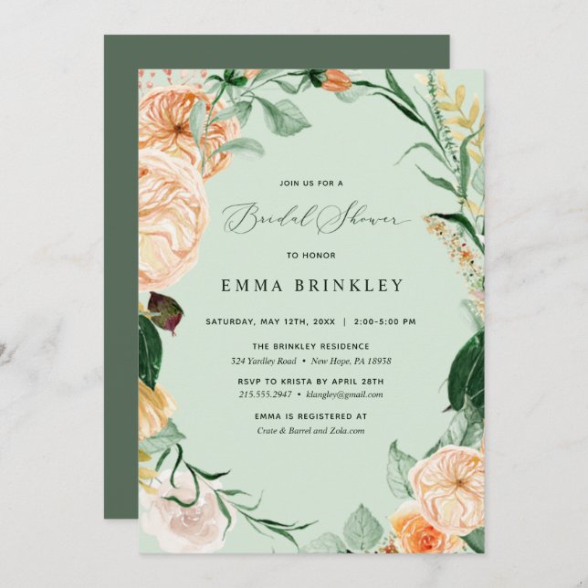Botanical Boho Floral Pastel Sage Bridal Shower Invitation (Front/Back)