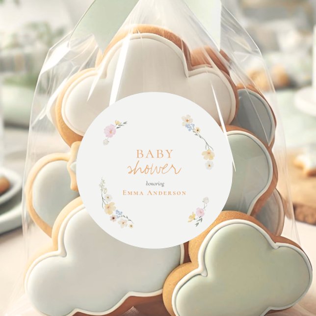 Botanical Boho flowers Script baby shower  Classic Round Sticker (Creator Uploaded)