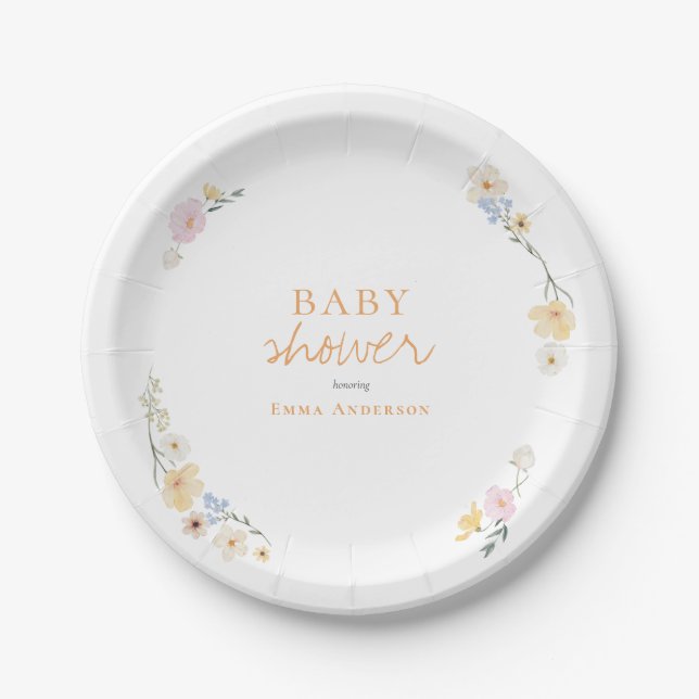 Botanical Boho flowers Script baby shower  Paper Plate (Front)