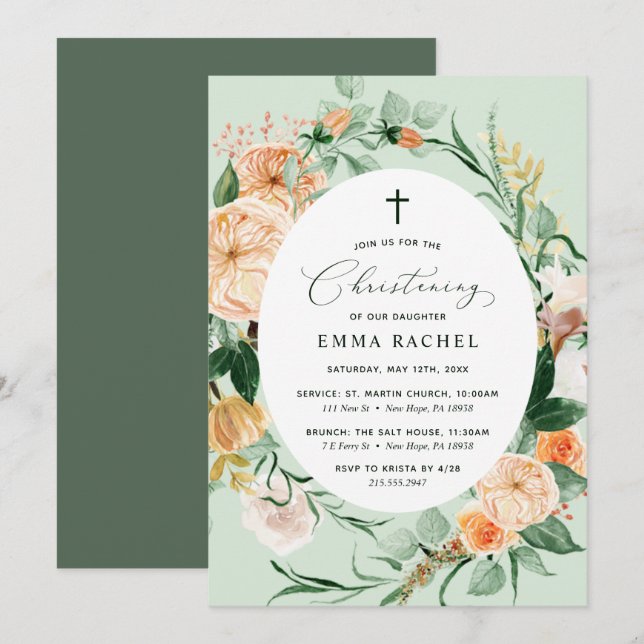 Botanical Boho Green Girl Christening Personalised Invitation (Front/Back)