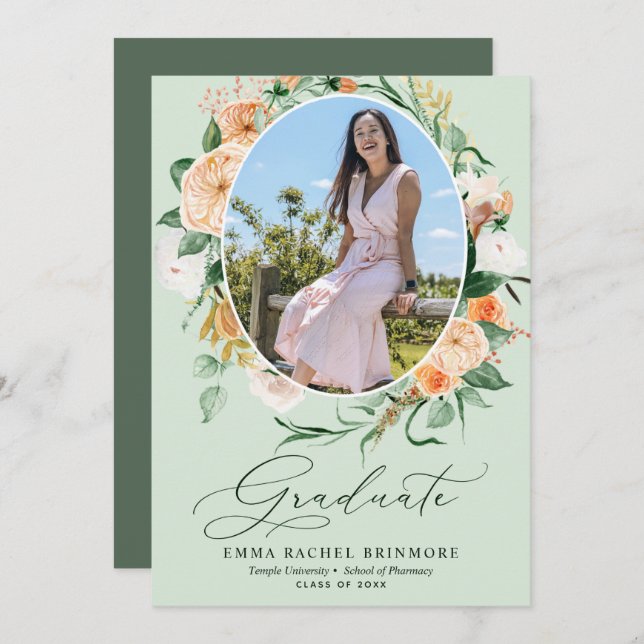 Botanical Boho Green Photo Graduation Announcement (Front/Back)