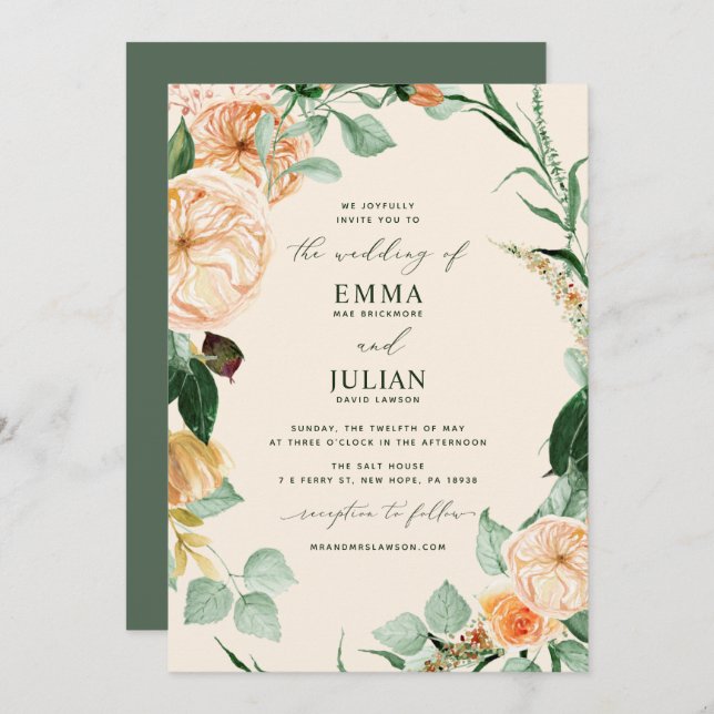 Botanical Boho Greenery Elegant Peach Wedding Invitation (Front/Back)