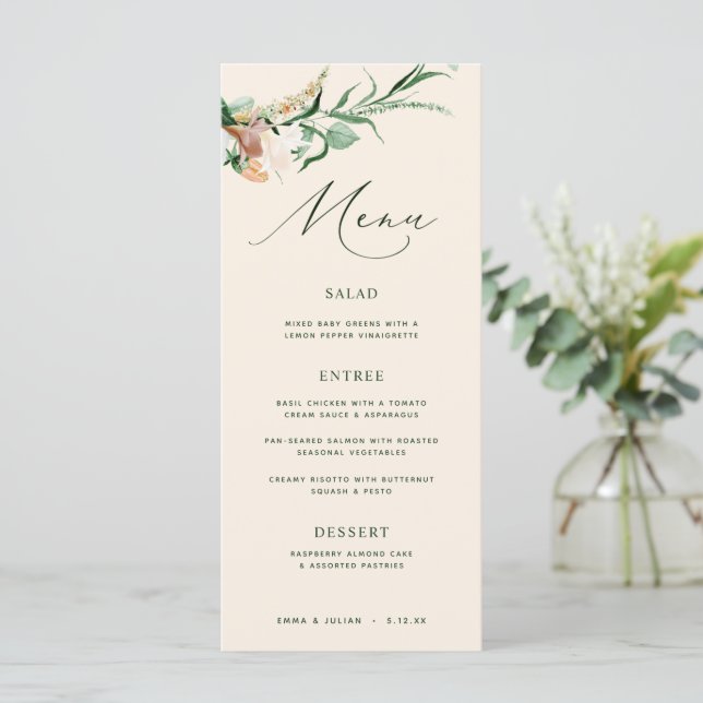 Botanical Boho Greenery Neutral Peach Wedding Menu (Standing Front)