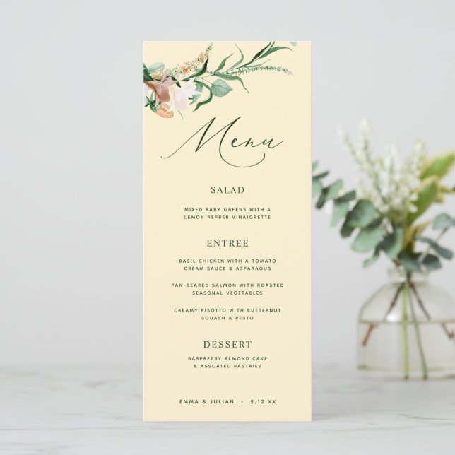 Botanical Boho Greenery Pastel Yellow Wedding Menu (Standing Front)