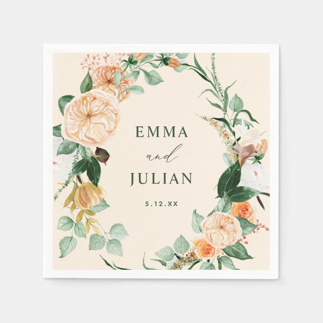 Botanical Boho Greenery Peach Personalised Wedding Napkin (Front)