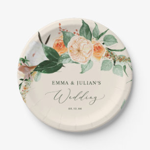 Botanical Boho Greenery Peach Personalised Wedding Paper Plate