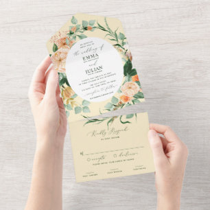 Botanical Boho Greenery Yellow Floral Wedding All In One Invitation