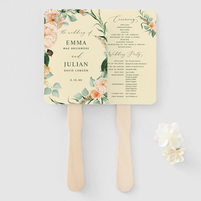 Botanical Boho Greenery Yellow Wedding Program Hand Fan (Front and Back)