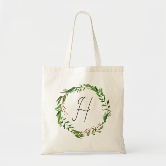 Botanical Boho Laurel Wreath Monogram Tote Bag (Front)