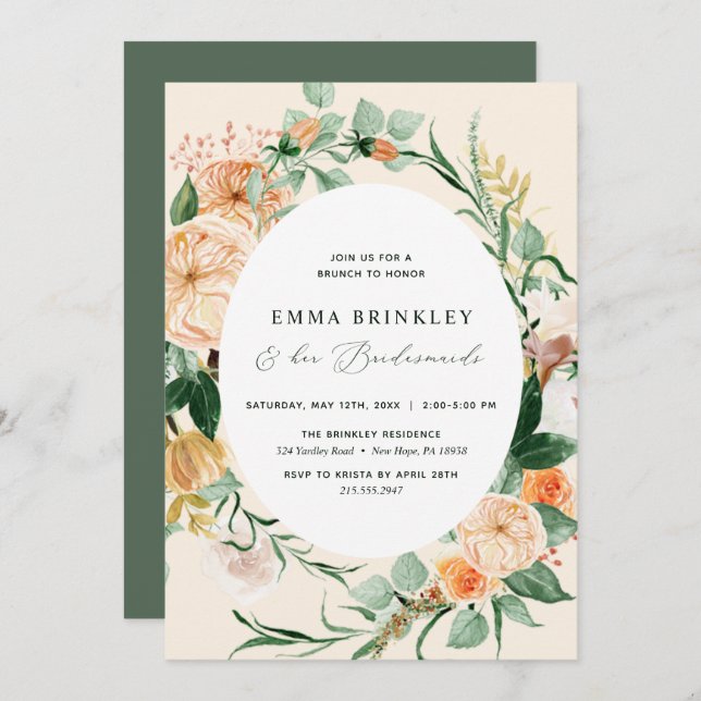 Botanical Boho Peach Bridesmaids Luncheon Brunch Invitation (Front/Back)