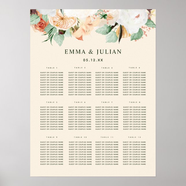 Botanical Boho Peach Floral Wedding Seating Chart  (Front)