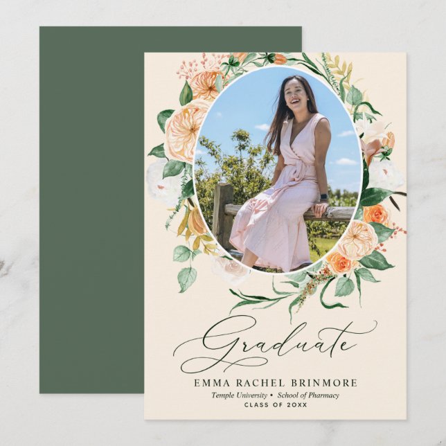 Botanical Boho Peach Photo Graduation Announcement (Front/Back)
