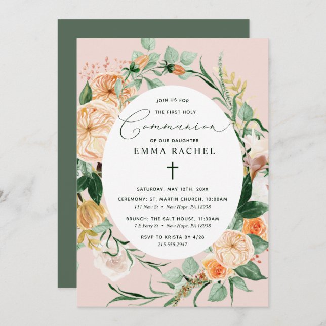 Botanical Boho Personalised Blush Pink Communion Invitation (Front/Back)