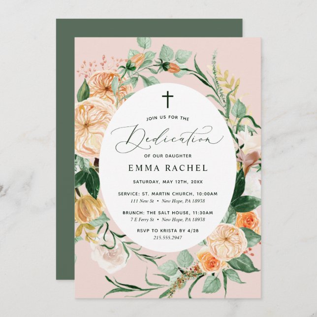 Botanical Boho Personalised Blush Pink Dedication  Invitation (Front/Back)