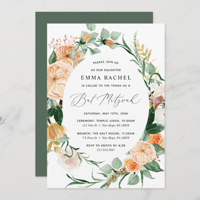 Botanical Boho Personalised Greenery Bat Mitzvah Invitation (Front/Back)