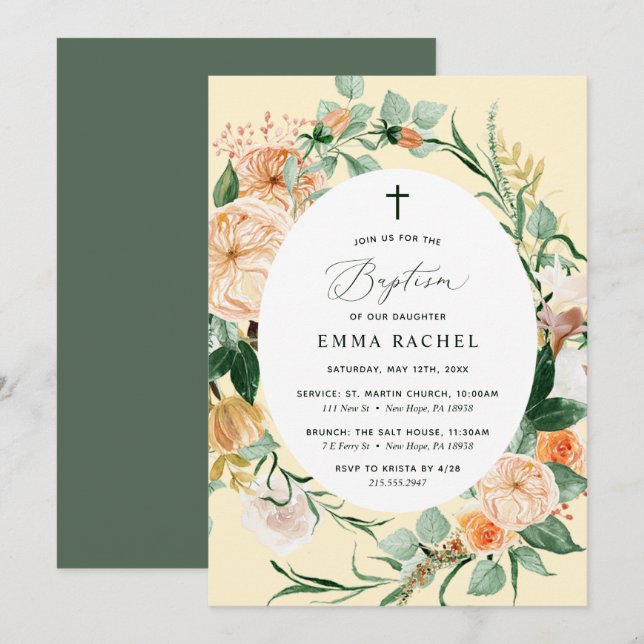 Botanical Boho Personalised Pastel Yellow Baptism Invitation (Front/Back)