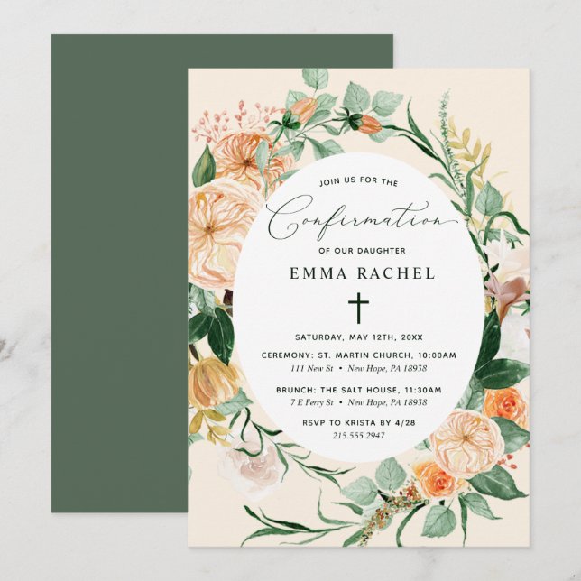 Botanical Boho Personalised Peach Confirmation Invitation (Front/Back)