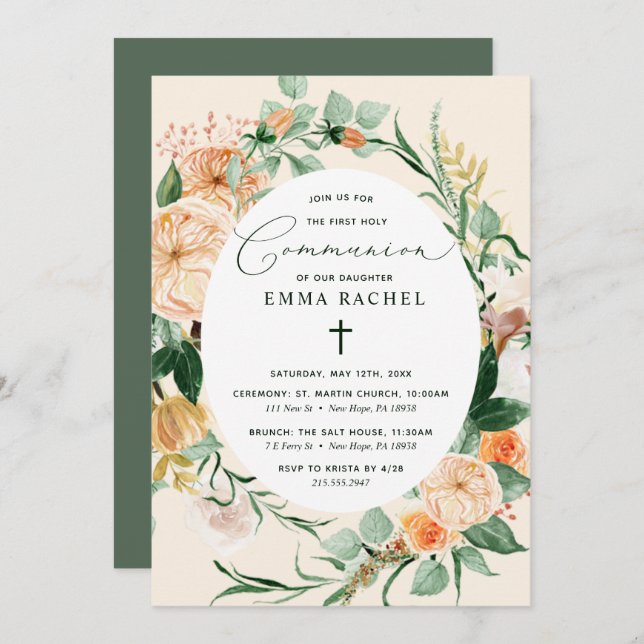 Botanical Boho Personalised Peach Girl Communion Invitation (Front/Back)
