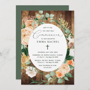 Botanical Boho Personalised Rustic Wood Communion Invitation