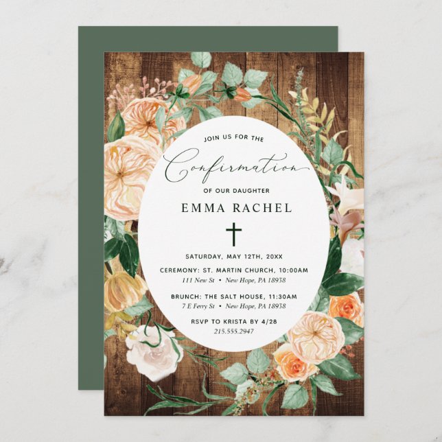 Botanical Boho Personalised Woodgrain Confirmation Invitation (Front/Back)