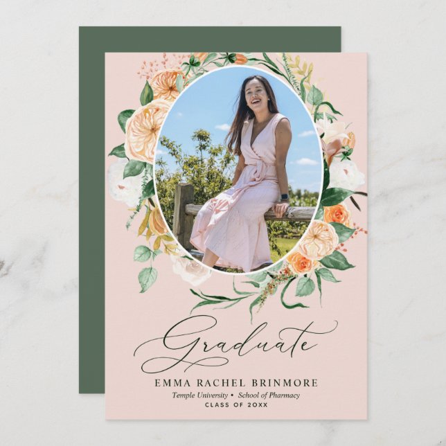 Botanical Boho Pink Photo Graduation Announcement (Front/Back)