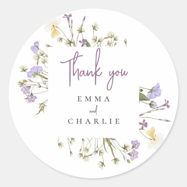 Botanical Boho Wildflowers lilac Script wedding  Classic Round Sticker (Front)