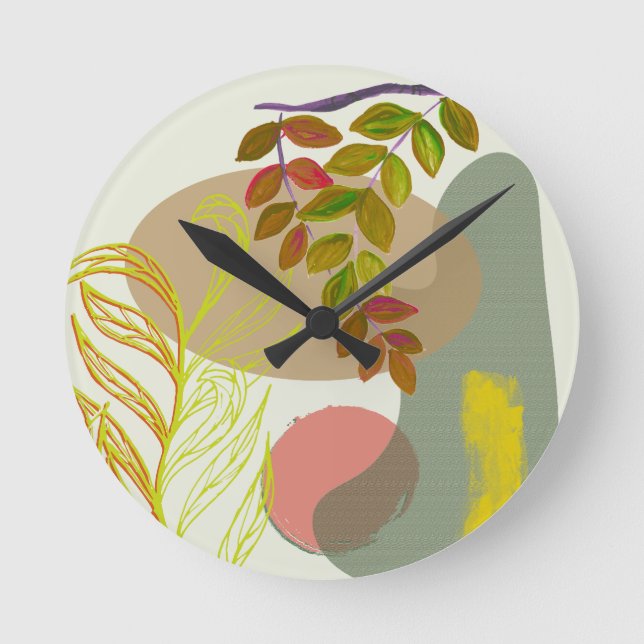 Botanical Boho Yellow Green Round Clock (Front)