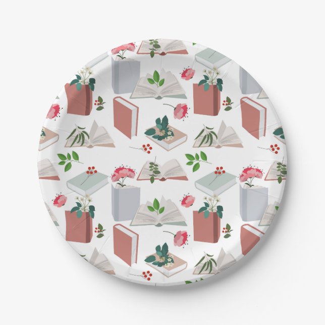 Botanical Books & Library Reading Pattern Paper Plate (Front)