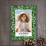 Botanical Border with Photo Script Merry Christmas Holiday Card<br><div class="desc">Use one vertical are photo with the subject in the middle. A white border with the holiday greeting is in front of the olive green colour with a simple botanical pattern. A trendy holiday card with non-traditional elements. If you need to move anything around, click on the customise button to...</div>