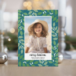 Botanical Border with Photo Script Merry Christmas Holiday Card<br><div class="desc">Use one vertical are photo with the subject in the middle. A white border with the holiday greeting is in front of the moody colour with a simple botanical pattern. A trendy holiday card with non-traditional elements. If you need to move anything around, click on the customise button to make...</div>