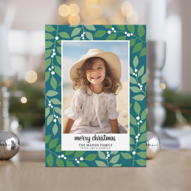 Botanical Border with Photo Script Merry Christmas Holiday Card (A festive botanical holiday card with 1 vertical photo.)