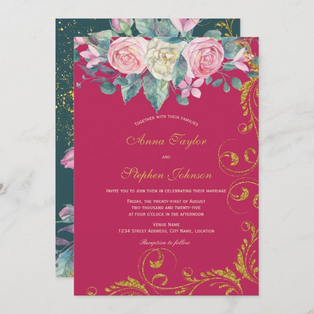 Botanical Bouquet Magenta Faux Gold Glitter Swirls Invitation (Front/Back)
