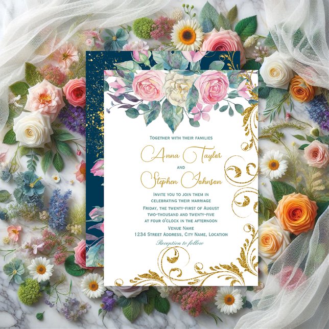Botanical Bouquet with Faux Gold Glitter Swirls Invitation (Elegant floral and faux gold swirls wedding invitation with customizable colors for invite back.)