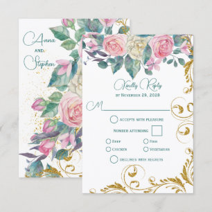 Botanical Bouquet with Faux Gold Swirl RSVP Card