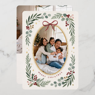 Botanical Bow Frame Merry Christmas Photo Foil Holiday Card