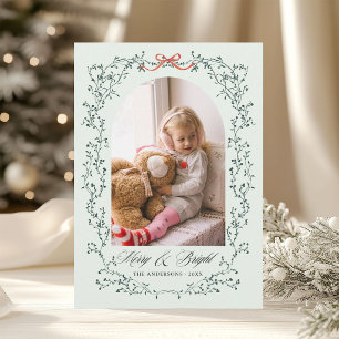 Botanical Bow Merry & Bright Photo Mint Holiday Card