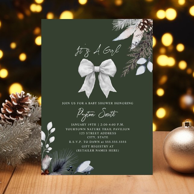 Botanical Bow Winter Girl Green Baby Shower Invitation (Creator Uploaded)