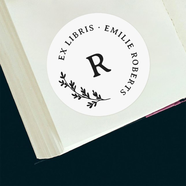 Botanical Branch Initial Round Name Ex Libris Classic Round Sticker (Creator Uploaded)
