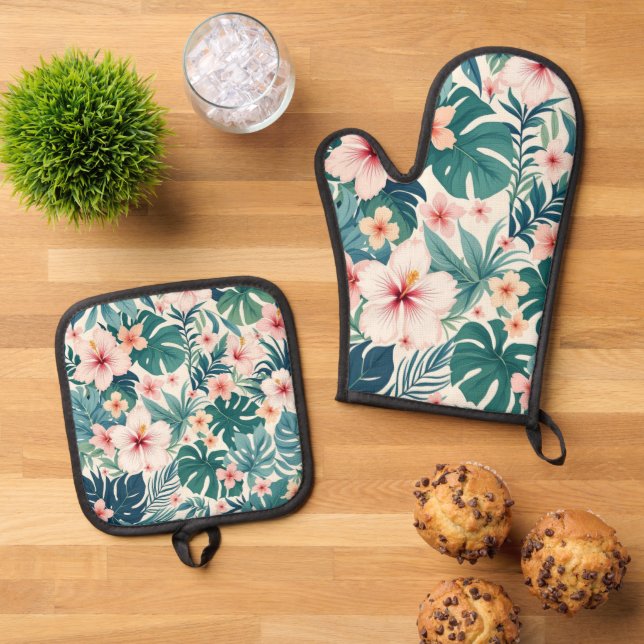 Botanical Breeze – Tropical Floral Oven Mitt & Pot Holder Set (Top Down)