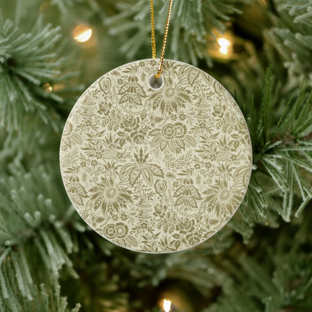Botanical Brocade Toile Floral Green Sage Pattern Ceramic Ornament (Tree)
