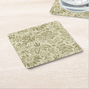 Botanical Brocade Toile Floral Green Sage Pattern Square Paper Coaster