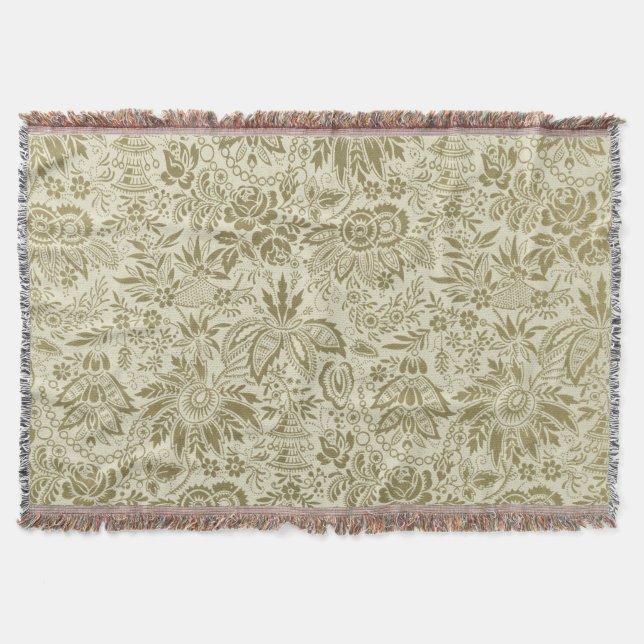 Botanical Brocade Toile Floral Green Sage Pattern Throw Blanket (Front)