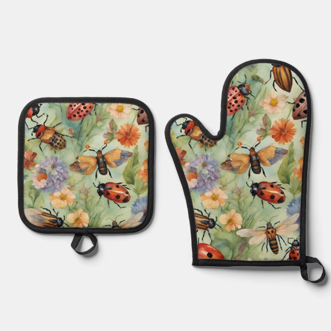 Botanical Bug Symphony Oven Mitt & Pot Holder Set (Front)